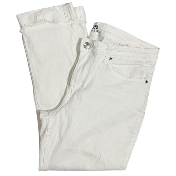 RIDERS BY LEE Mid Rise White Stretch CAPRI Skimmer Sz 12 M Raw Hem Cuffed Jeans - Picture 1 of 9